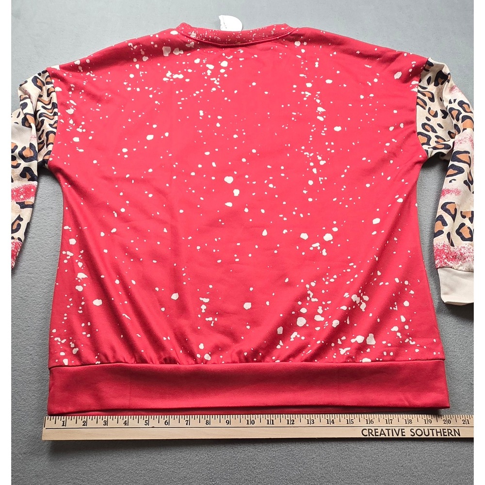 Womens Red Creme Highland Cow Light Sweatshirt Med Leopard Print Sleeve Relaxed - Picture 7 of 8